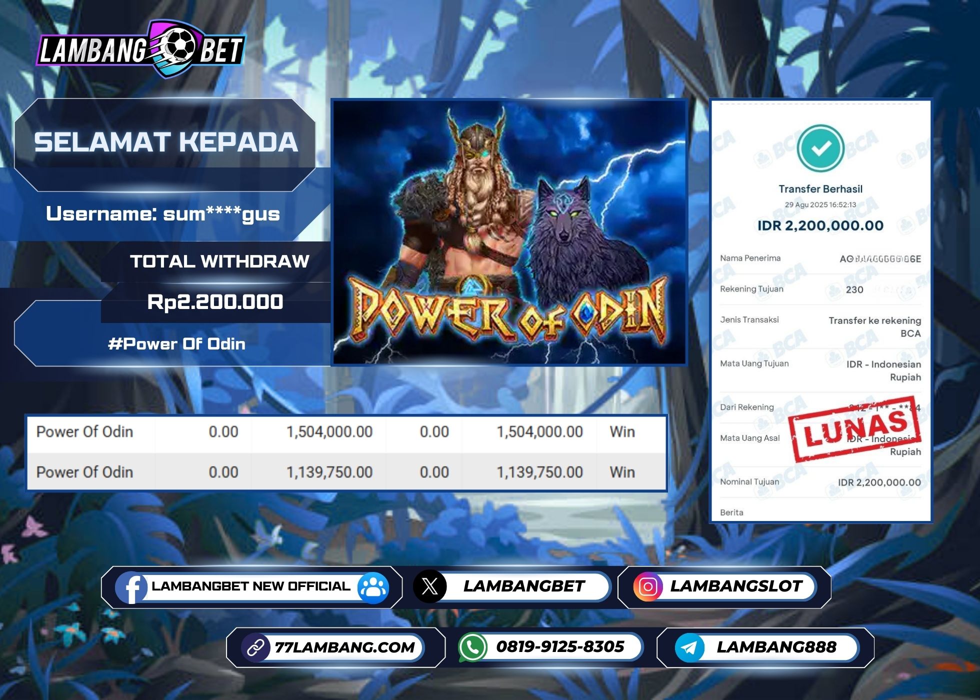 LAMBANGBET [29 AUGUST 2025] JACKPOT SLOT Power Of Odin "Rp2.200.000" LUNAS